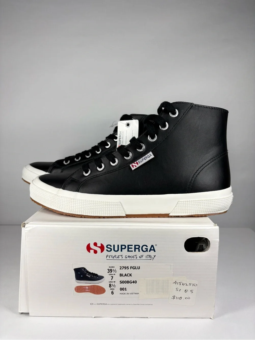 NWT Superga High-Top Black Leather Sneakers. Size 8.5 Women’s